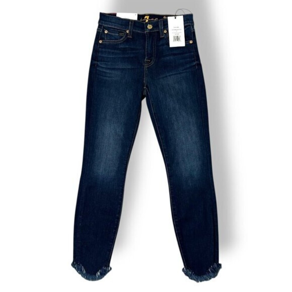 NWT 7 For All Mankind The Ankle Skinny Midrise Scallop Fray Hem Dark Wash Sz 24